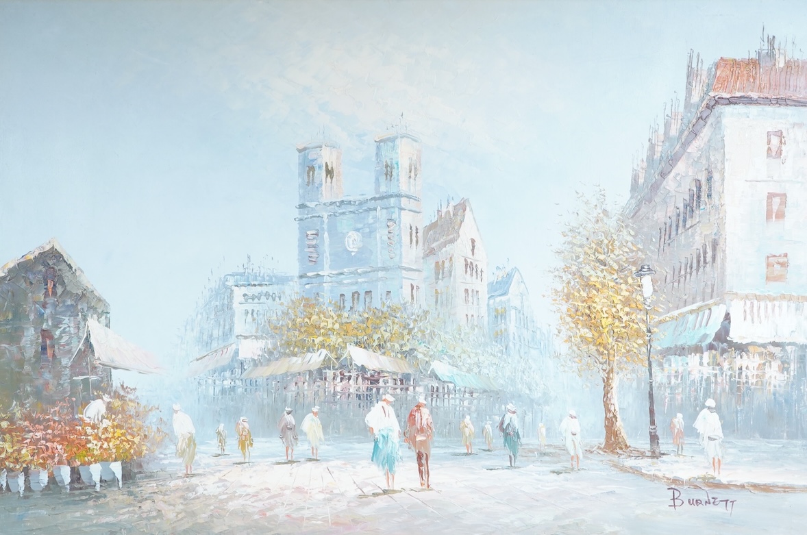Burnett, Parisian street scene, signed, Impressionist oil on canvas, 59 x 69cm